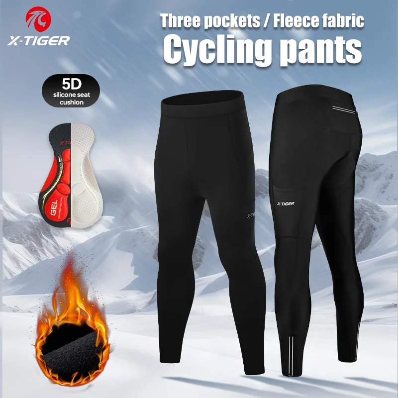 X-TIGER Men's Fleece Cycling Pants Reflective Zippers Safety Night Cycling Warm Biking Trousers for Winter Outdoor Sports