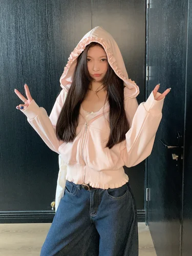 Imagen 2 del producto Sudadera con capucha y cremallera rosa coreana para mujer, cárdigan bonito con borde con volantes, Top de manga larga, Sudadera con capucha holgada