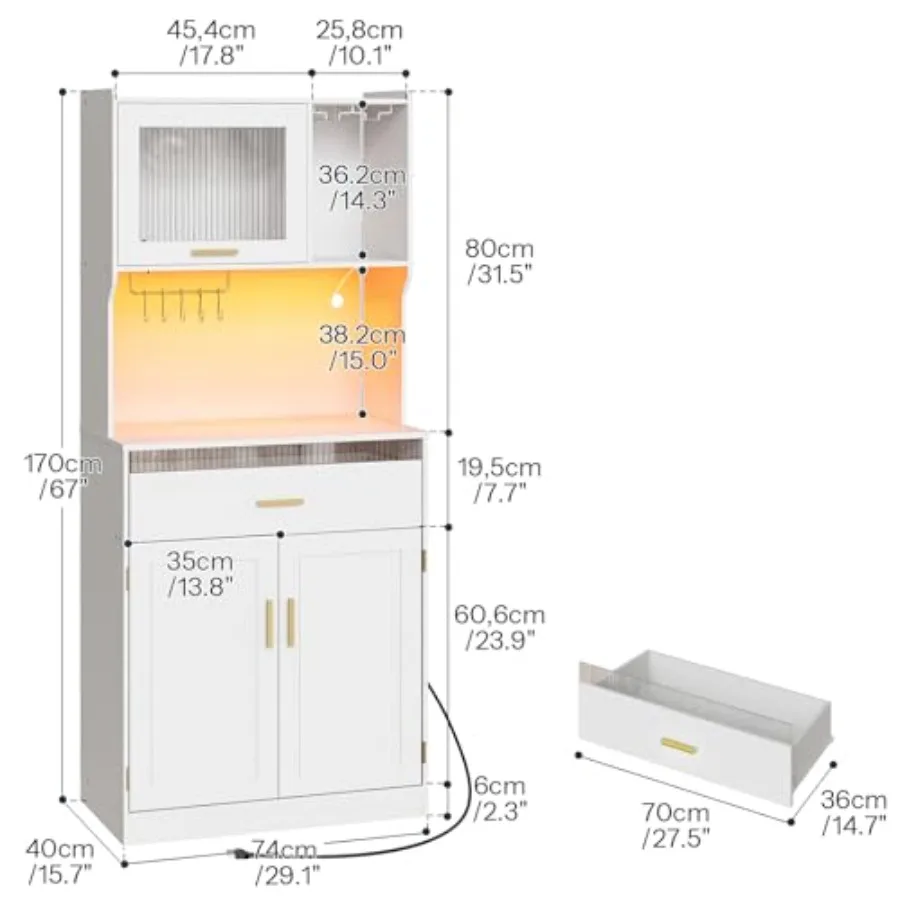 خزانة مخزن 67 خزانة تخزين مخزن المطبخ مع أضواء LED ومحطة شحن خزانة القفص الحديثة مع ستان الميكروويف