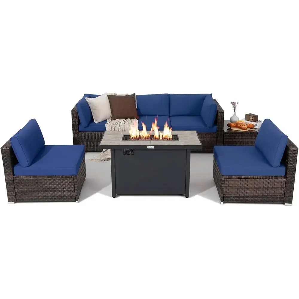 7-Piece Patio Furniture Set with Fire Pit Table, 42 60,000 BTU Propane Fire Pit, Cover, Navy Cushioned Sectional Sofa for 5