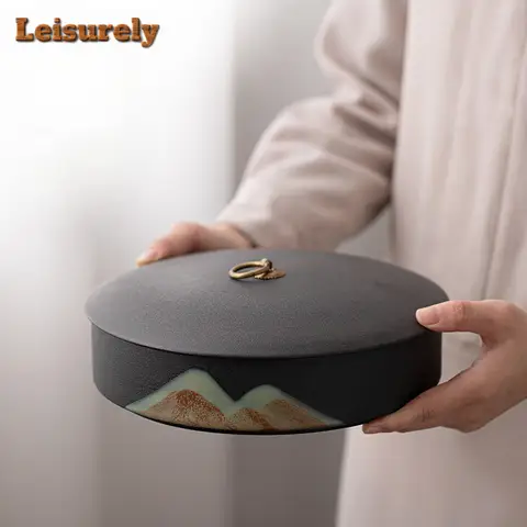 Organizzatore di scatole da tè per torte da tè di montagna lontana disegnato a mano Contenitori per serbatoi di stoccaggio fatti a mano a prova di umidità Caddy per tè Ornamenti per la tavola