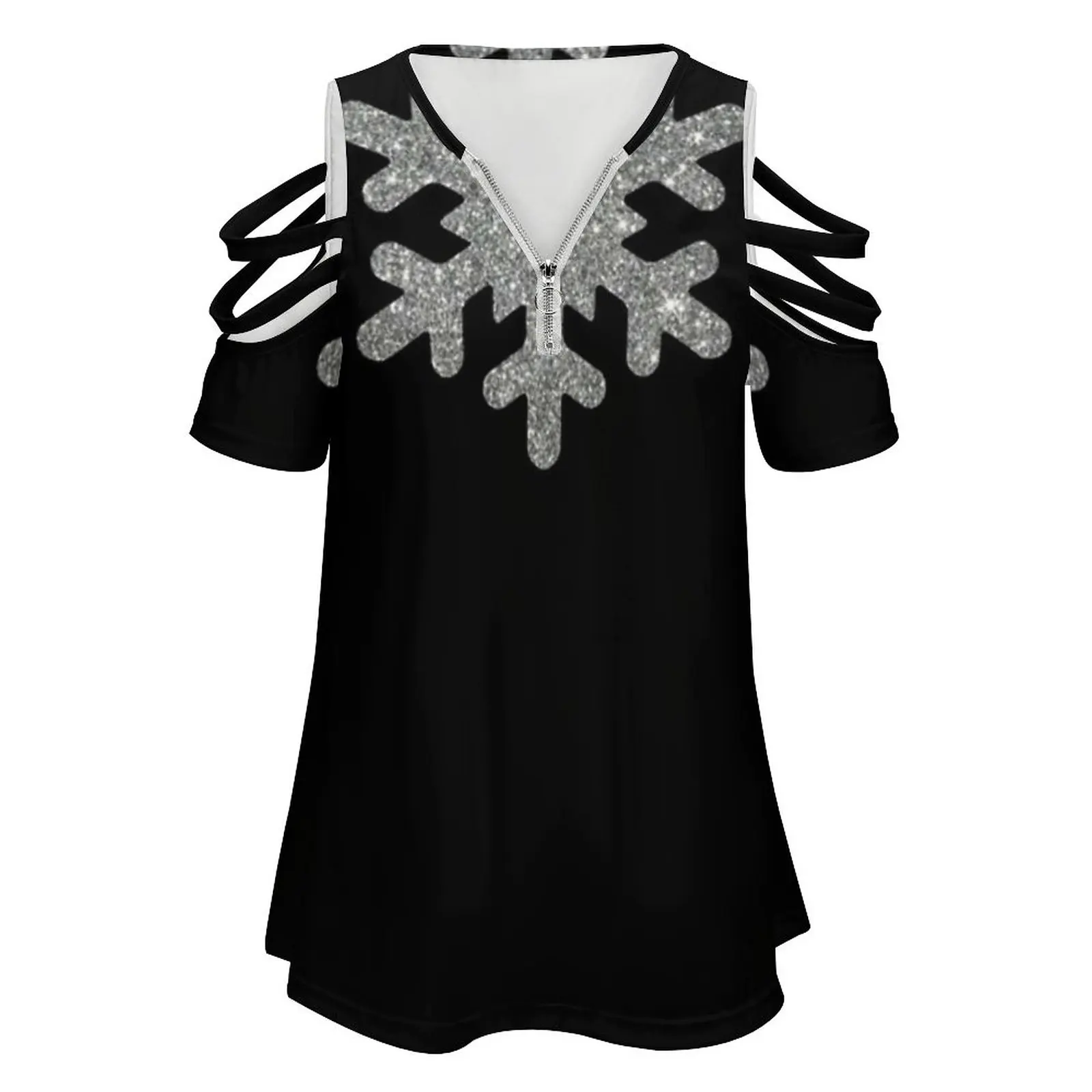 Glitter Snowflake Women's T-Shirt Summer Fashion Print Floral V-Neck Zipper Tshirt Hollow Pullover Ladies Top Glitter Snowflake