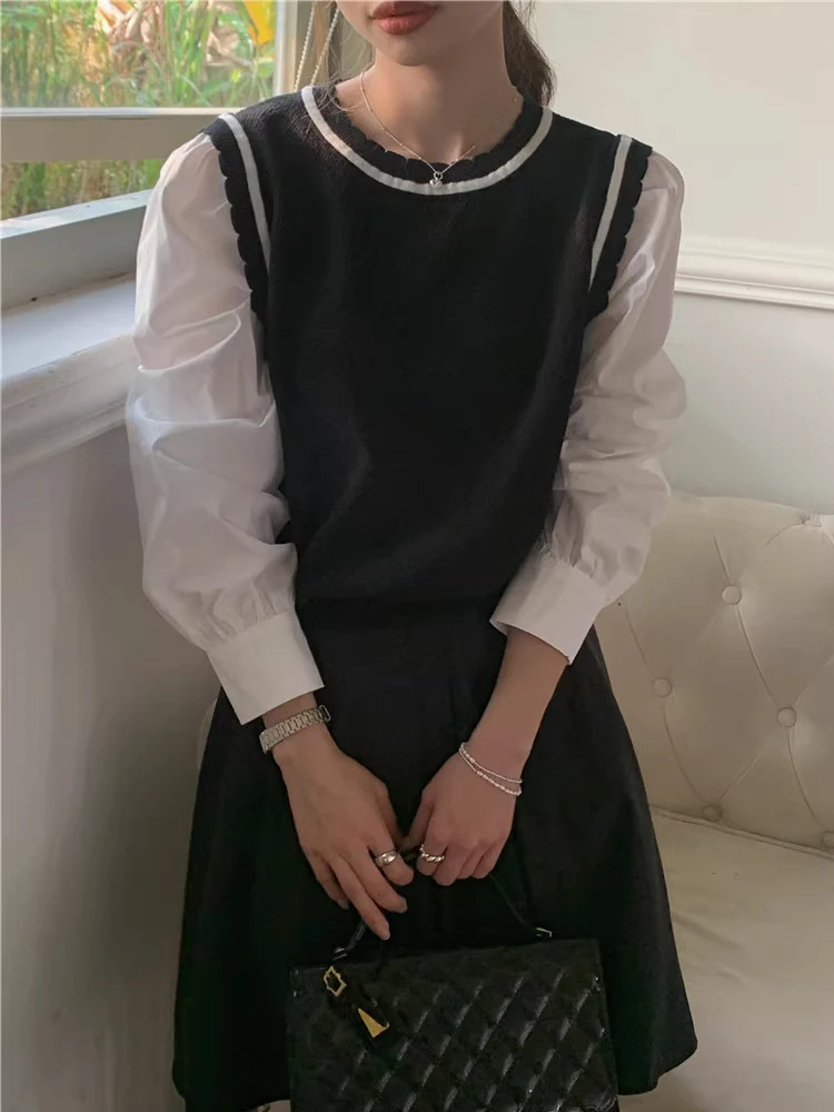 

Sweet Preppy Sle Long Sve Knit irt Fake Two-Piece Women's Faion College Wind irt Top for Autumn 2023