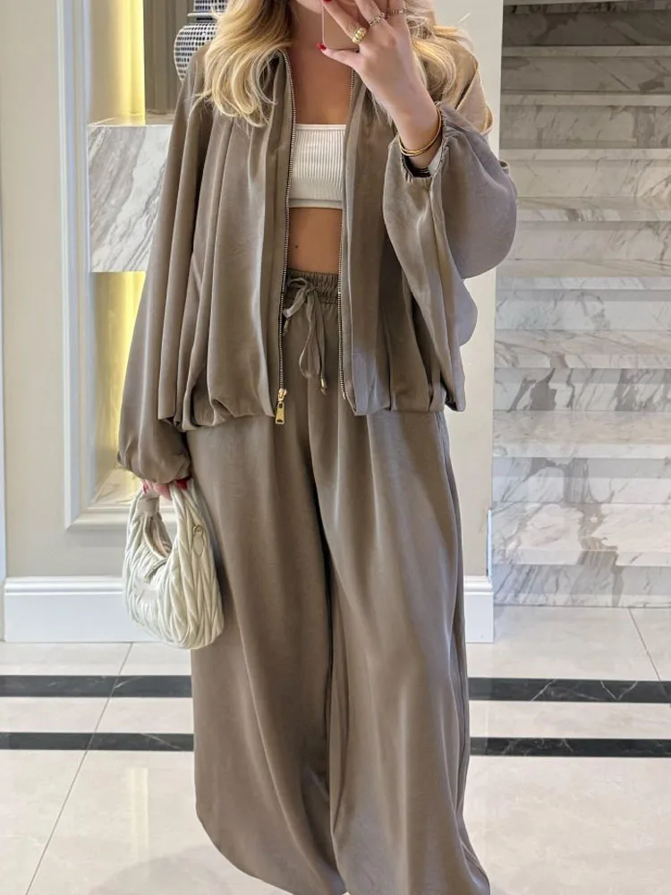 

Fashion Elastic Waist Pants Sport Suit Elegant Zipper Jacket & Long Pant Outfits Women's Casual Long Sleeve Solid Loose 2Pc Set