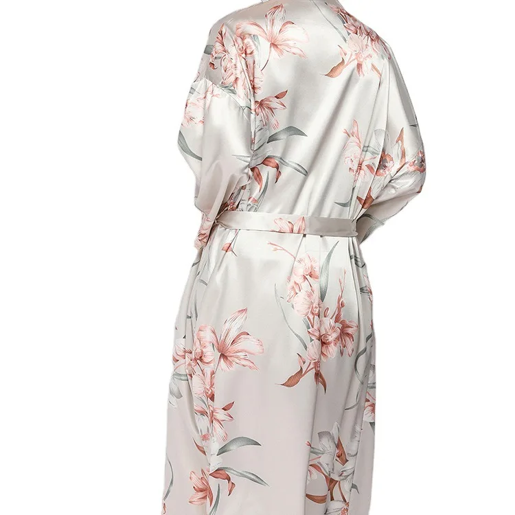 Home sleepwear, women\'s simulated silk, rice, orchid print, medium to long length nightgown, sexy sleepwear, home wear