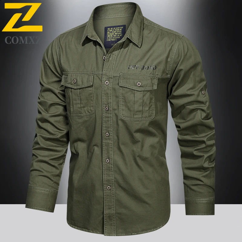 New Autumn Shirt Men's High-end Pure Cotton Multi-pocket Cargo Shirts Sports Outdoor Camping Comfortable Long-sleeved T-shirt