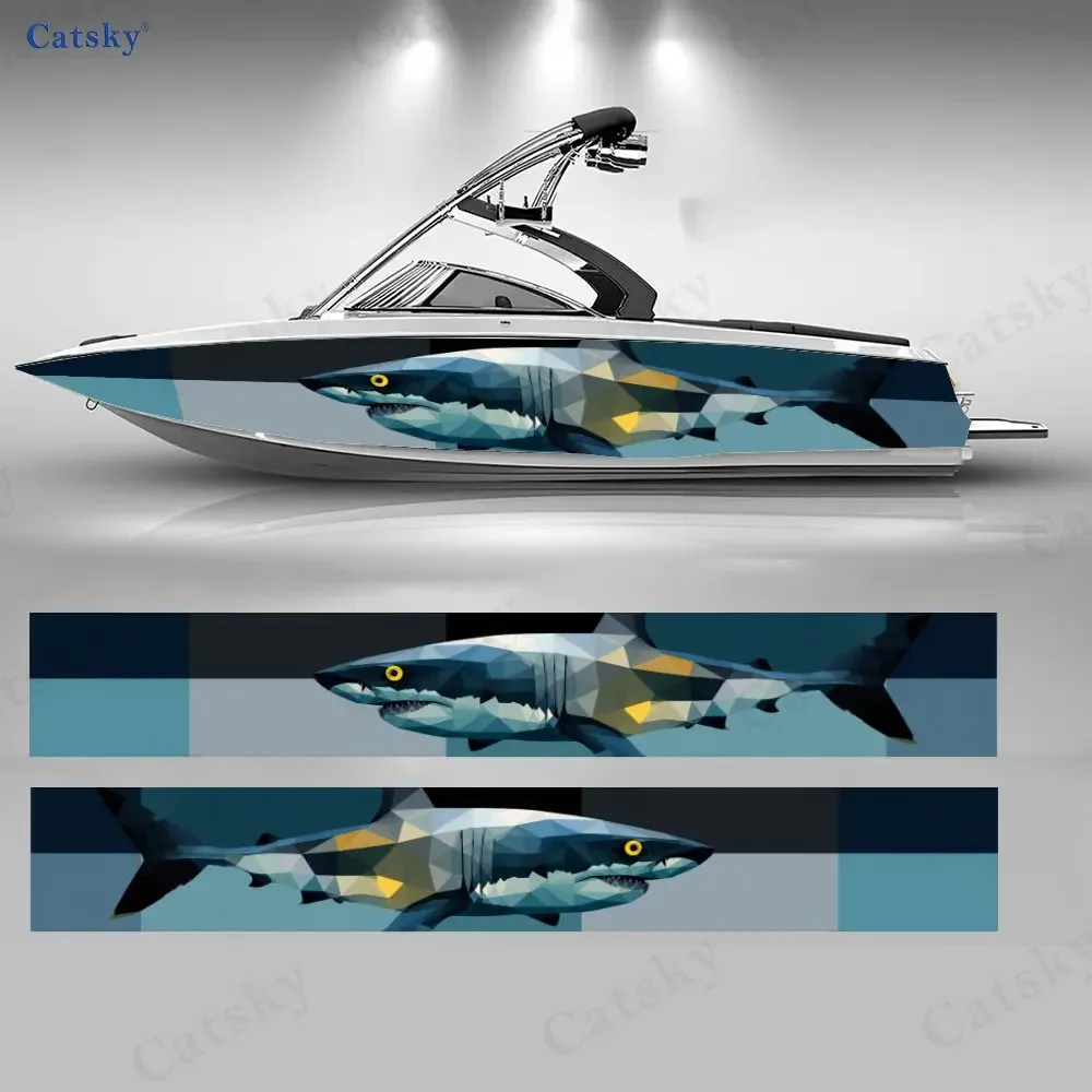 2Pcs Geometric Wave Eater Boat Stickers, PVC Waterproof Durable Vinyl Wrap Decals for Fishing Boats, Durable and Stylish Design