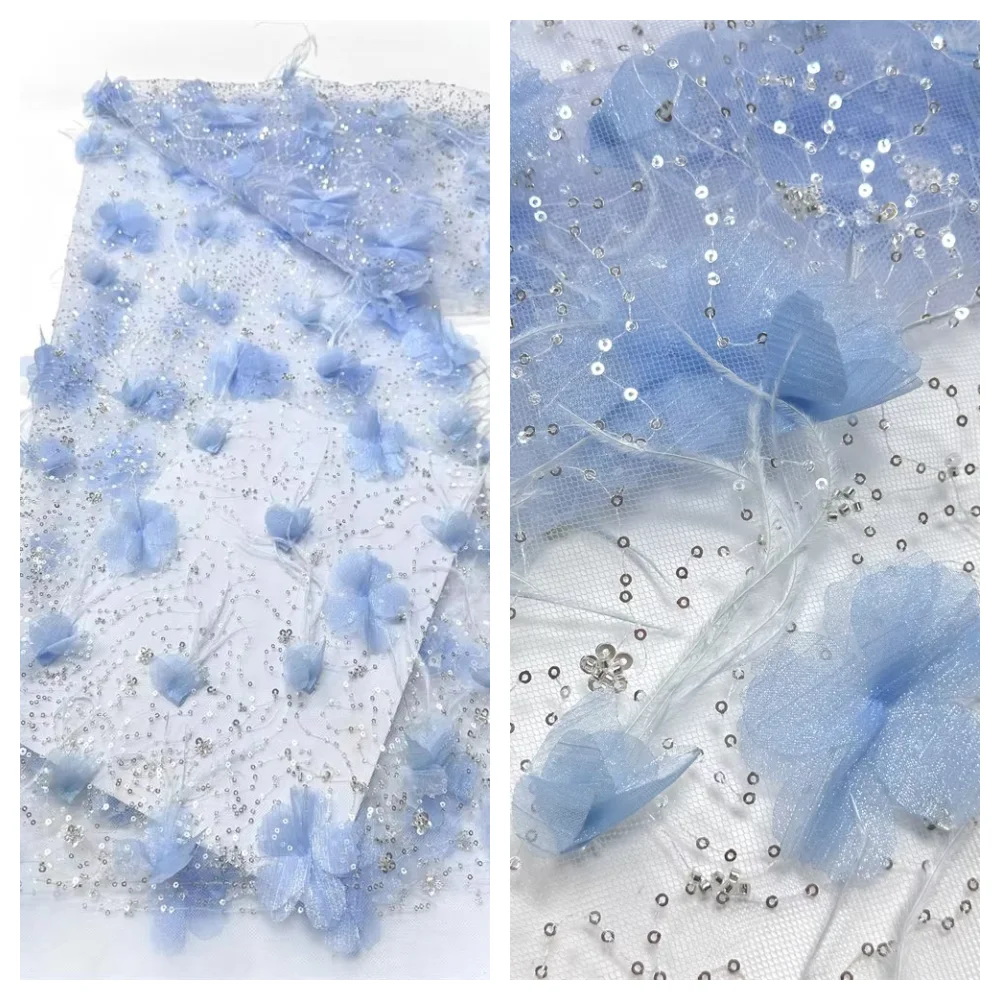 

2026 High Quality African Lace Fabric Sequins Mesh Lace Beads 3D Feather Flowers Embroidered Tulle Lace Fabric For Sewing