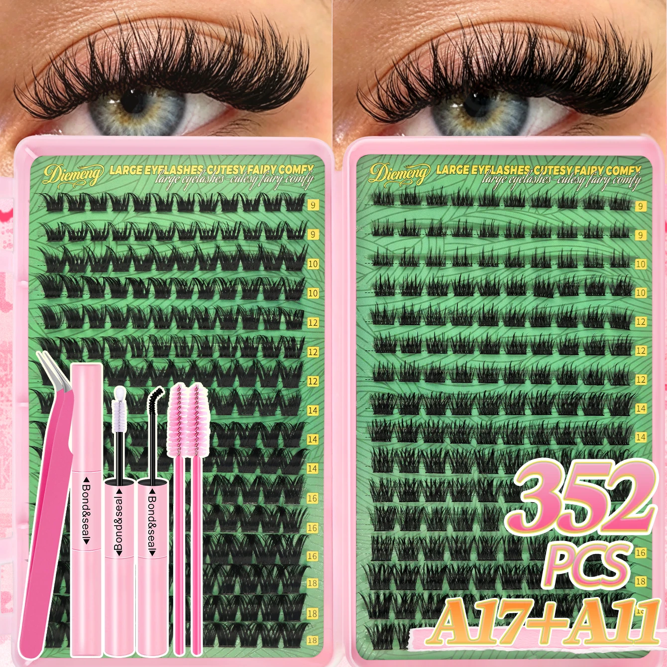 352-teiliges Flauschiges Wimpernbüschel-Set, Gemischte Stile A17+A11/T51+A10 Einzelne Wimpernverlängerungen, DIY Volumen-Wimpern mit Kleber und Pinzette – Detail 2