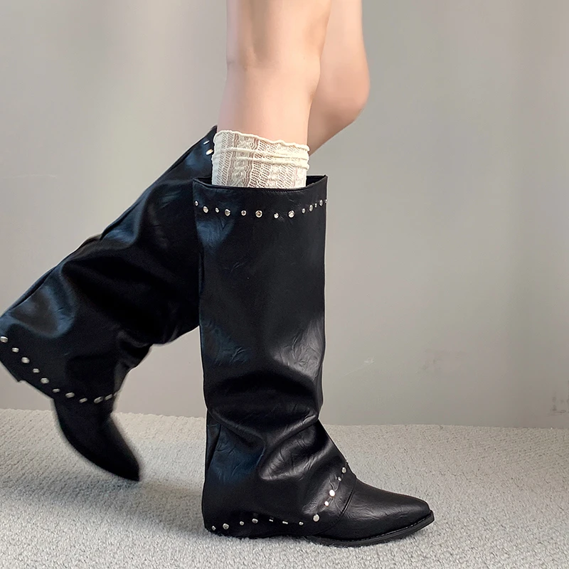 Pointed Toe Rivet Wide Calf Long Boots Women Ruched Slip On Block Heel Vintage Western Knee High Boots Ladies Fashion Footwear
