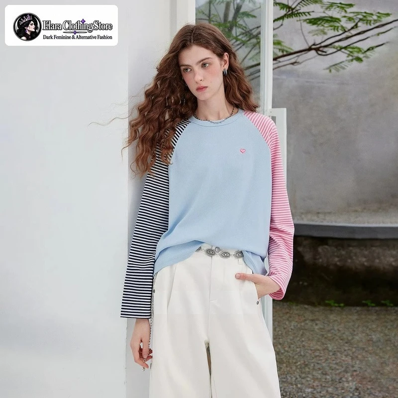 New Product Trial Women's Contrasting Long Sleeved T-shirt College Style Sweet and Cool Casual Striped Sleeve Round Neck Top