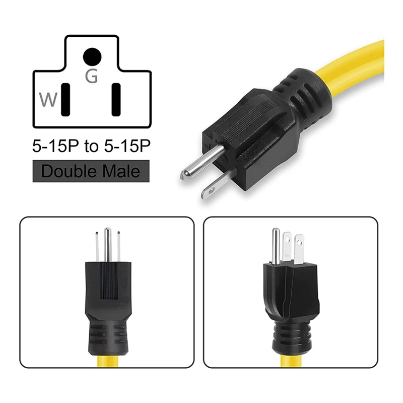 2Ft 3 Prong Plug To Plug Double Male Extension Cord,12AWG 125V NEMA 5-15P To 5-15P Cord Adapter, RV, For Transfer Switch