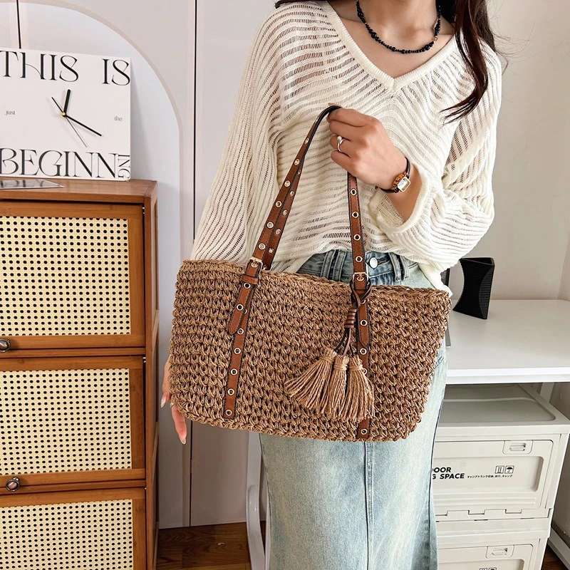 Trendy Straw Women's Handbag Luxury Designer Travel Shopping Shoulder Bag Fashion Brand Ladies Beach Bag Casual Tote Clutch Bag