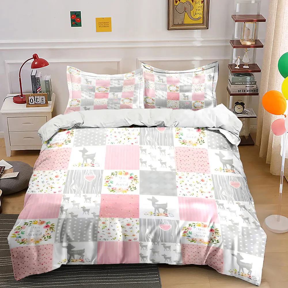 Pink Grey Patchwork Deer Floral Bedding Set 3pcs,Pastel Fawn Polka Dot Plaid Print Duvet Cover For kids and adults,Various Sizes