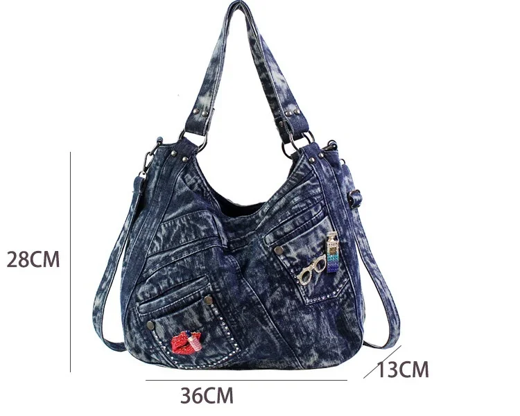 New in Denim Bags for Women Casual Shoulder Crossbody Bag with Diamomd Lip Dec Jeans Handbag Tote Bag