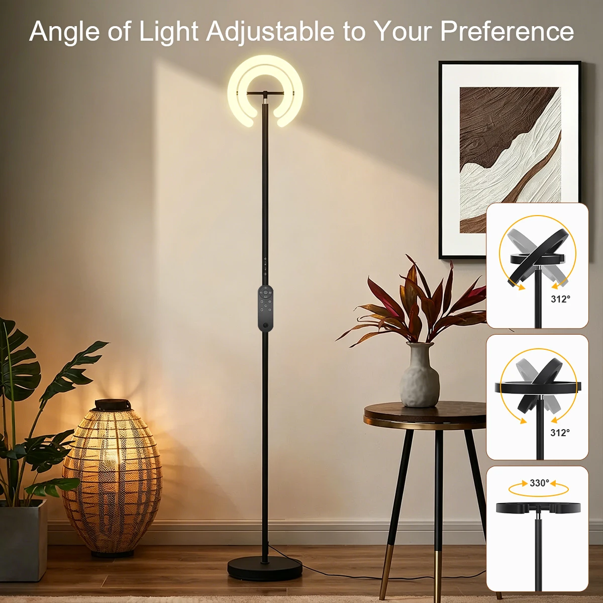 Split Dual Circle LED Stehlampe Kabellos Fernbedienbar Touch-Bedienung, Stufenlos Dimmbar Unabhängige Innen- und Außenlichtringe 330 °   Drehbare Moderne Stehlampe mit Stabilem Metallfuß für