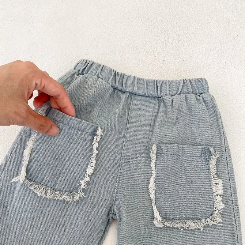 INS Baby Denim Pant 0-3Years Newborn Boy Girl Solid Color Elastic Waist Pocket Soft Jeans Cropped Trouser Bottom Spring Clothes