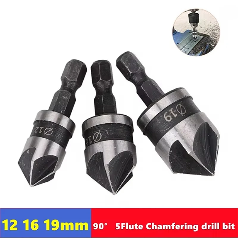 90 degree 5 Flute hexagonal shank chamfering drill bit 12/16/19mm, woodworking drilling deburring chamfering drill bit