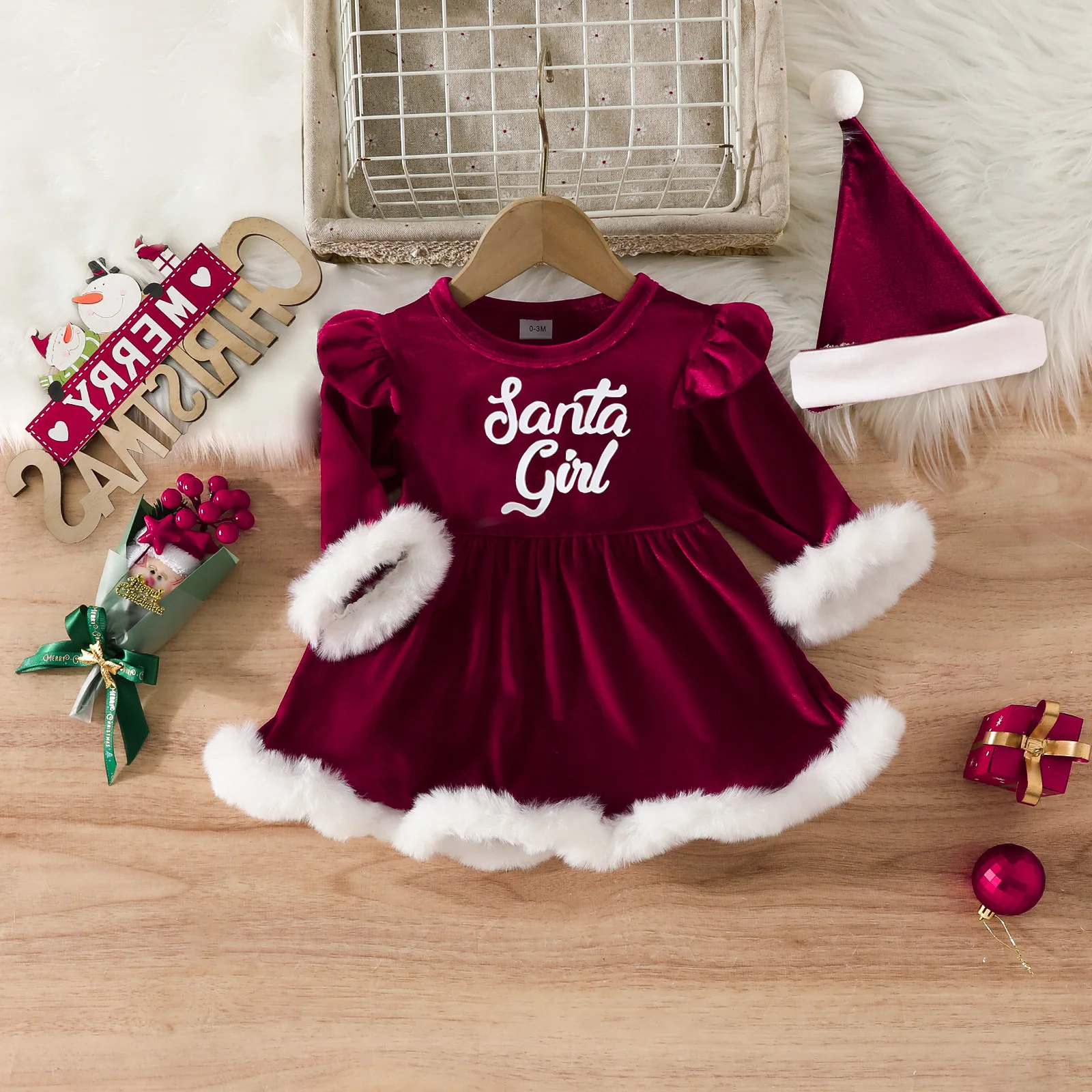 

Christmas Baby Clothing Red Soft fleece Long Sleeve Romper Dresses with Xmas Hat for 3-28M New Year Christmas Outfits Set