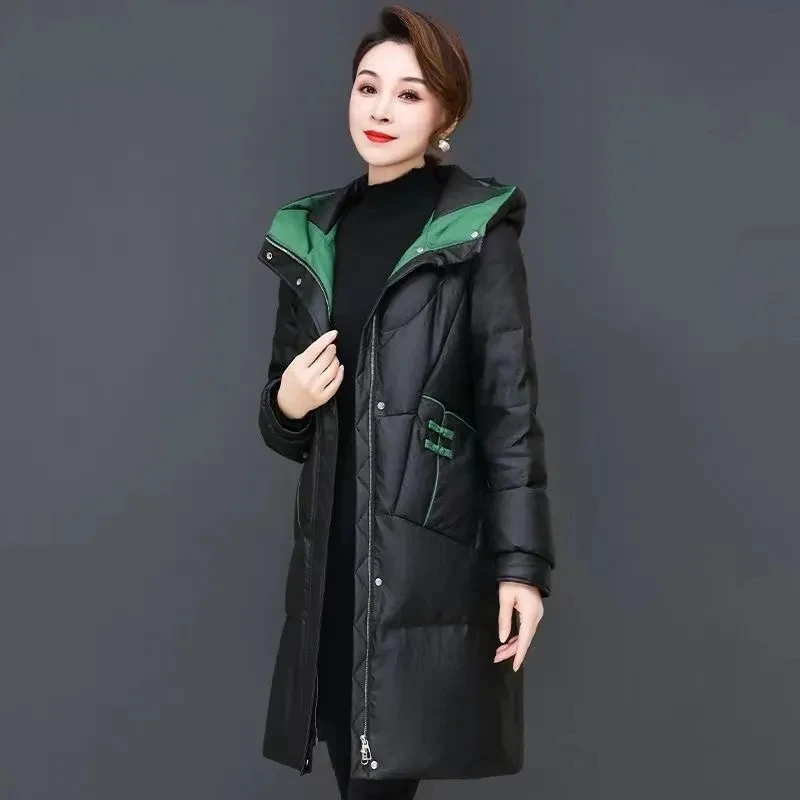 High End Black Down Cotton Jacket 2024 New Winter Coat Middle Aged Mother Long Parkas Thicken Warm Puffer Overcoat Women Outwear