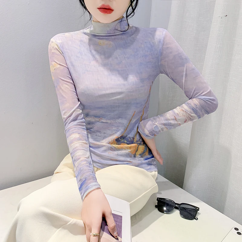 Faionable Ombre Me Base irt Alta Elástica Longa Sve Camiseta Feminina Apertada Desgaste Interno Commute Sle Versão Coreana Nylo...