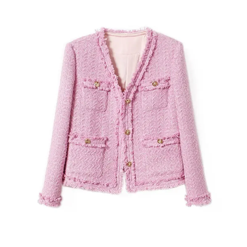 Fashion Korean Tweed Pink Jacket for Women Autumn Winter 2024 New Vintage Long Sleevehigh Quality Coat Female Cloth Outwear Tops