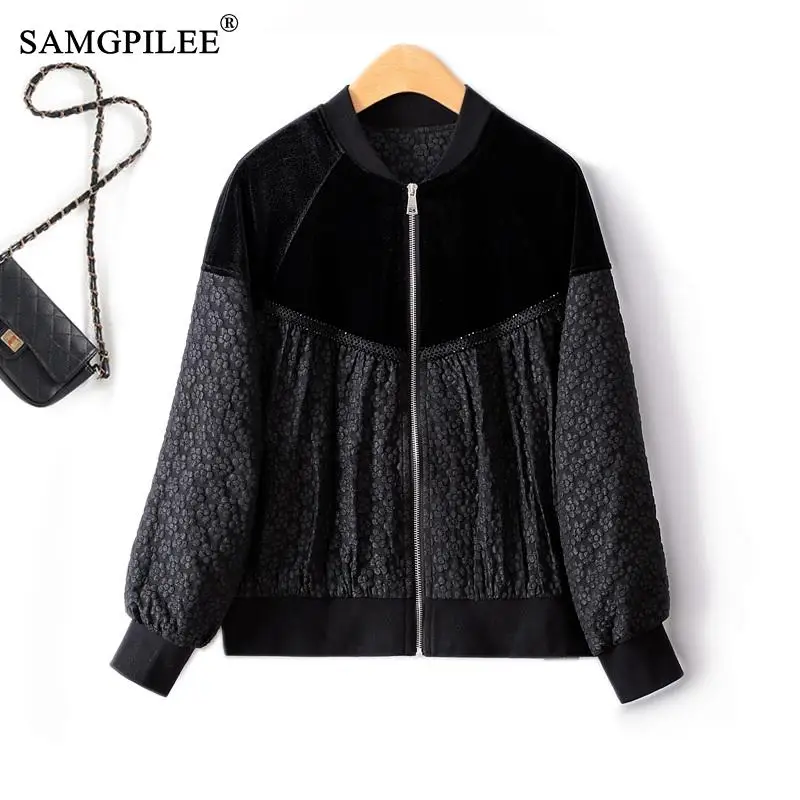 

Jackets For Women 2023 Autumn Beaded Stitching Seersucker Stand Collar Zipper Short Cardigan Japanese Y2k Commuting Tops 4XL