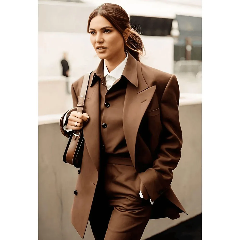 Classy Elegant Brown Suits for Women Notch Lapel 2 Pieces Jacket Pants Lady's Blazers Sets Smart Banquet Office Female Clothing