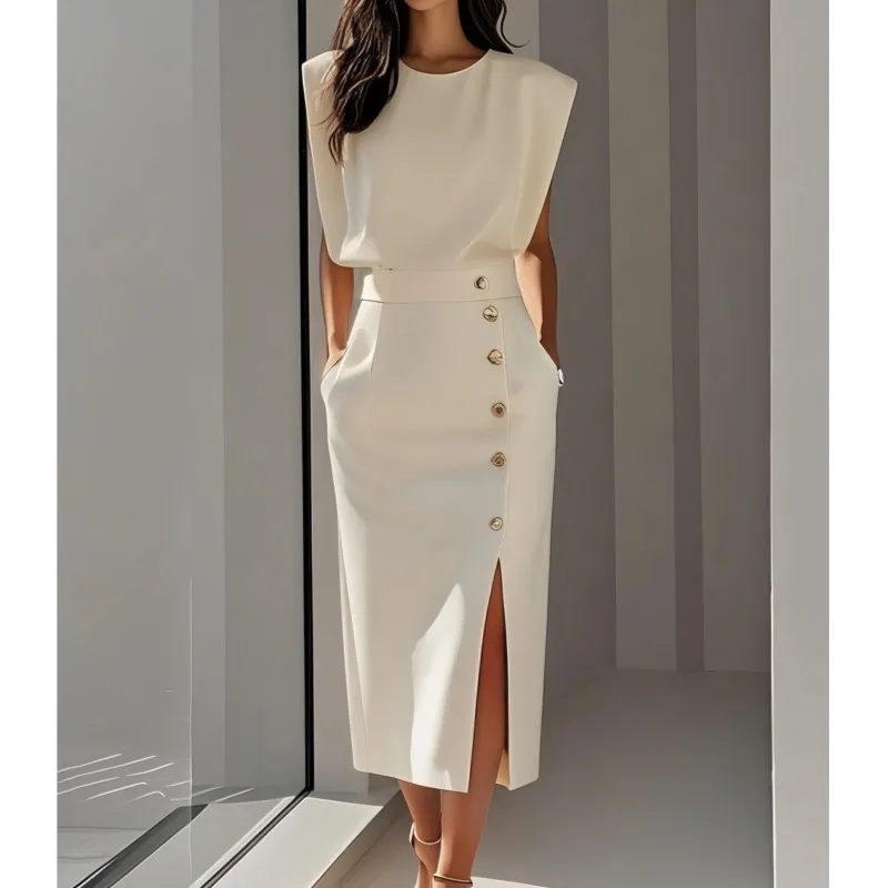 

Temperament Elegant Women's Dress 2025 Summer O-neck Sleeveless Buttons Splic High Split Long Dresses Women New Office Clothes