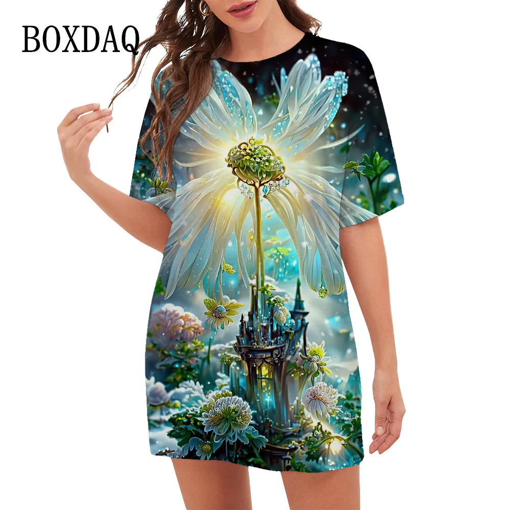 2023 Women Hot Sale Pattern Dress Dream Flower 3D Printed Short Sleeve Dress Fashion Round Neck Ladies Summer Scenery Mini Dress