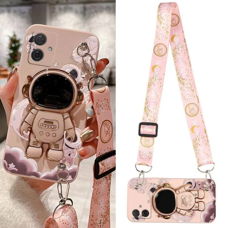 G54 Cartoon Astronaut Silicone Holder Phone Case For Motorola Moto G54 G53 G52 G72 G14 G20 G50 G42 G82 G34 G24 G84 G30 G10 Cover