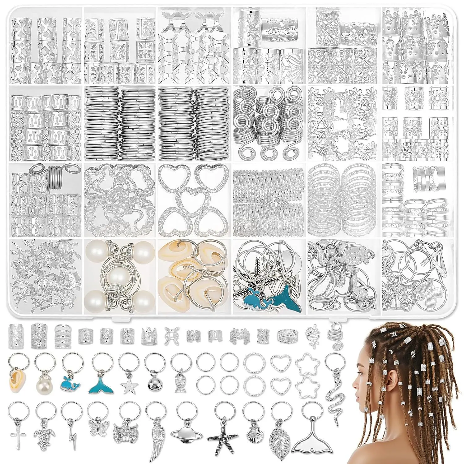 

323 Pcs New Silver Ocean Series Dreadlock Hair Decoration Box Set DIY Starfish Shell Kit