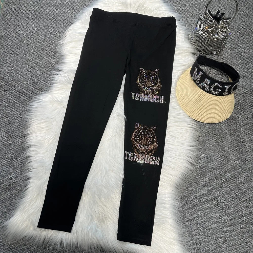 2026 New Spring Autumn Women High Waist Skinny Leggings Hot Diamonds Tiger Ankle-length Pencil Pants Fitness Yoga Slim Leggings