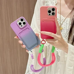 Gradient Color Cute Card Slot Holder Phone Case For iPhone 16 15 Pro 12 13 14 Pro Max Cover with Hand Rope Strap Silicone Cases