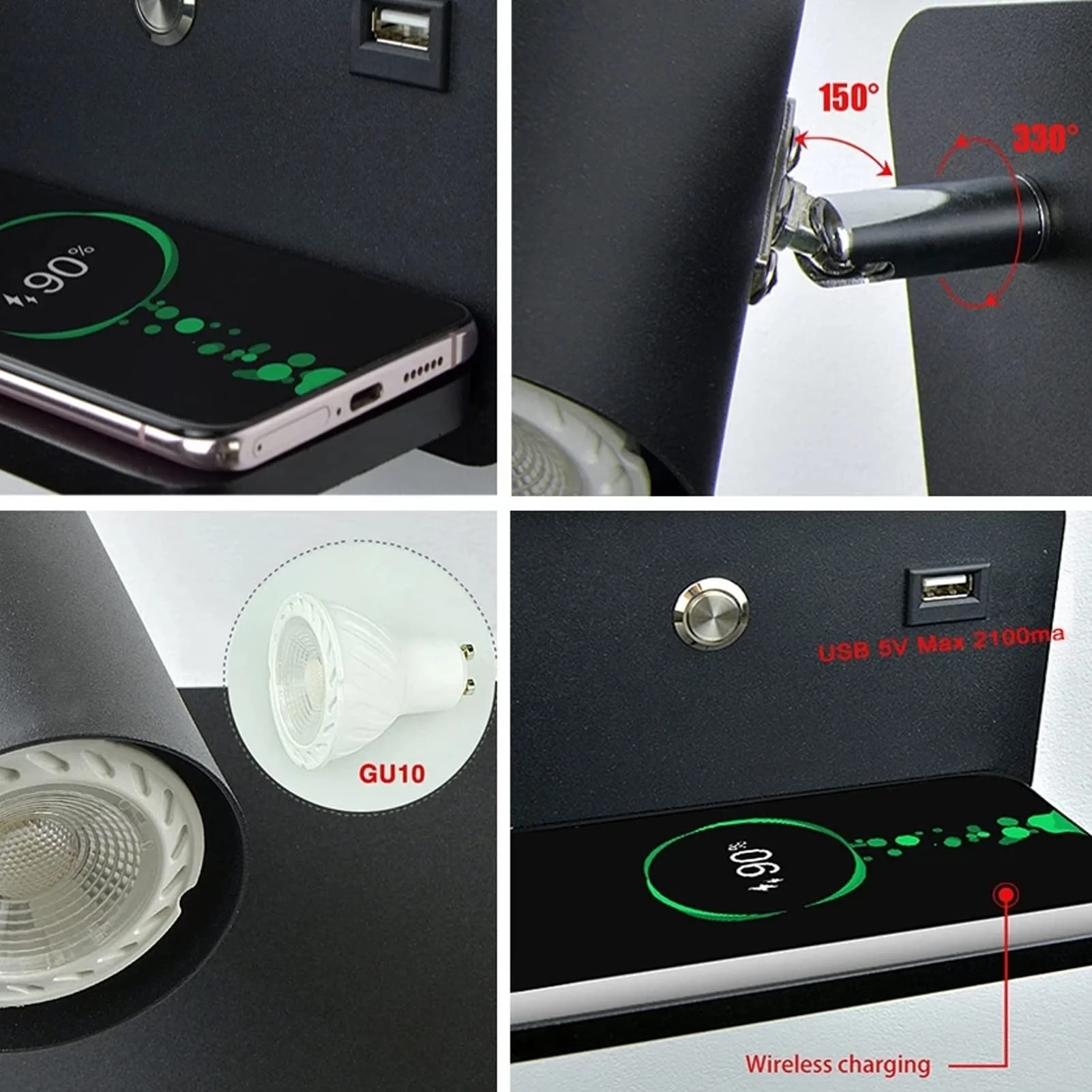 LED Wall Sconces with Wireless Charger USB Rechargeable Reading Light Bedside Wall Light Rotatable Wall Lamp