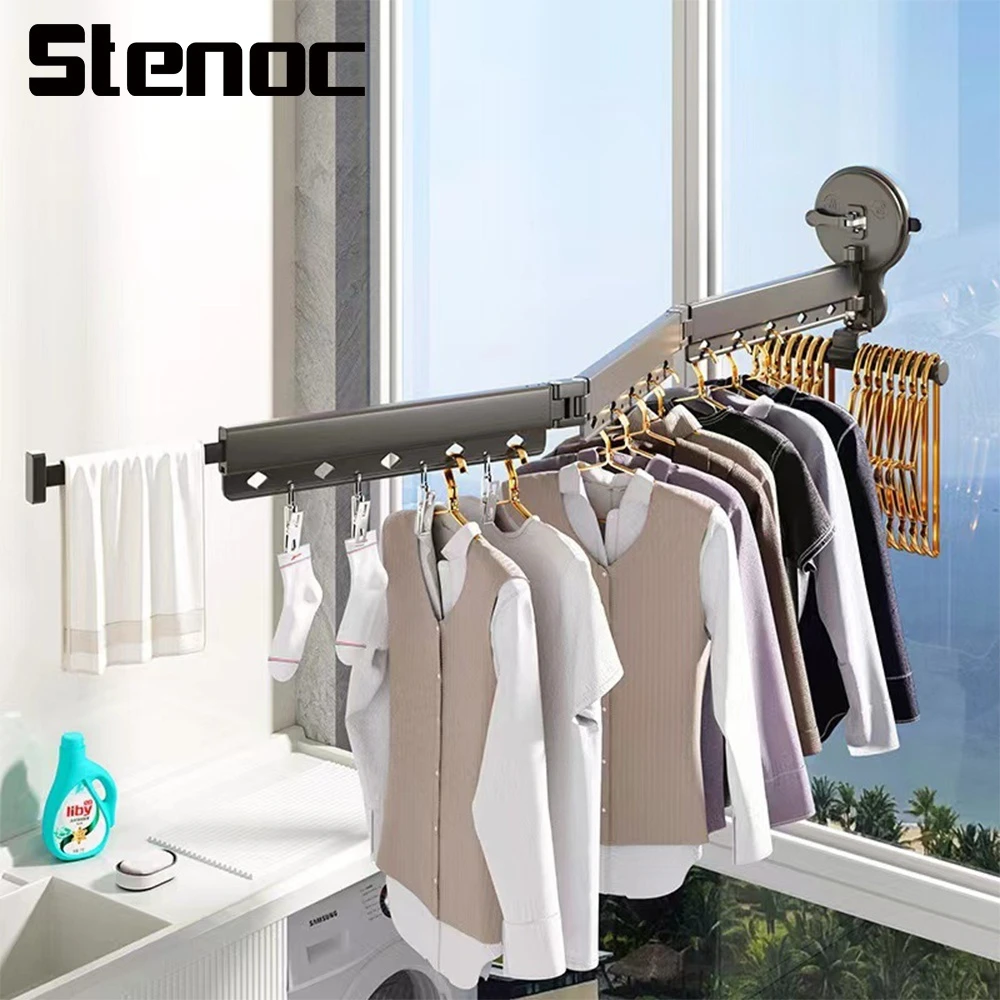 

No Punching Grey Suction Cup Aluminum Alloy Foldable Clothes Hanger Wall Mounted Clothing Racks Balcony Telescopic Storage Shelf