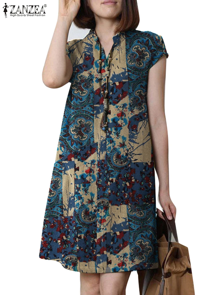 ZANZEA Sommer Vintage Floral Bedruckte Sommerkleid Frauen Kleider 2025, Casual Kurzarm Böhmischen Urlaub Vestidos Knielangen Robe