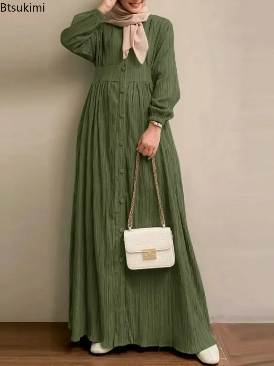 

New 2025 Women's Vintage Long Sleeve Muslim Maxi Dress Autumn Elegant Casual Buttons Down Sundress Dubai Islamic Clothing Abaya