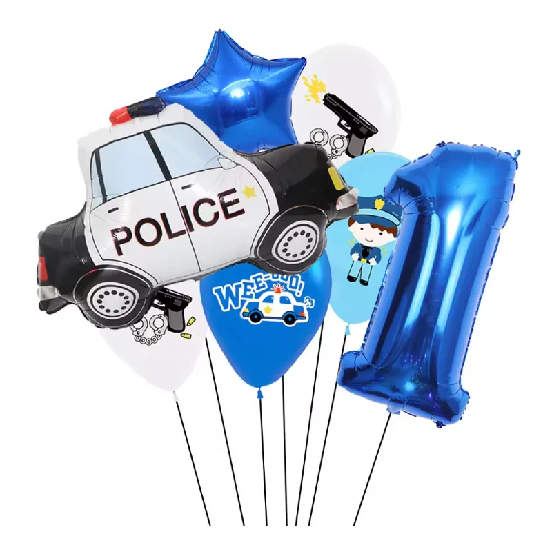 7pcs Police Car Birthday Balloons Giant Car Police Foil Balloon 32inch Number Balloon Kids 3th 4th Birthday Police Themed Party
