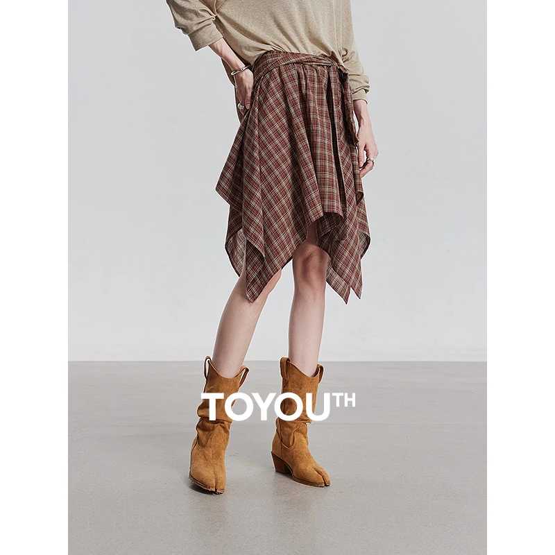 TOYOUTH Women Skirt 2025 Spring New Retro Plaid Irregular Strap Mini Skirt
