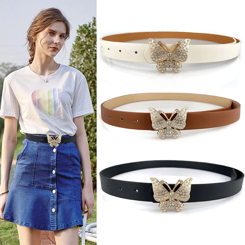 New Fashion Ladies Butterfly Rhinestone Buckle Belt Simple Versatile Multicolor PU Leather Waistband Decorative Jeans Dress Belt