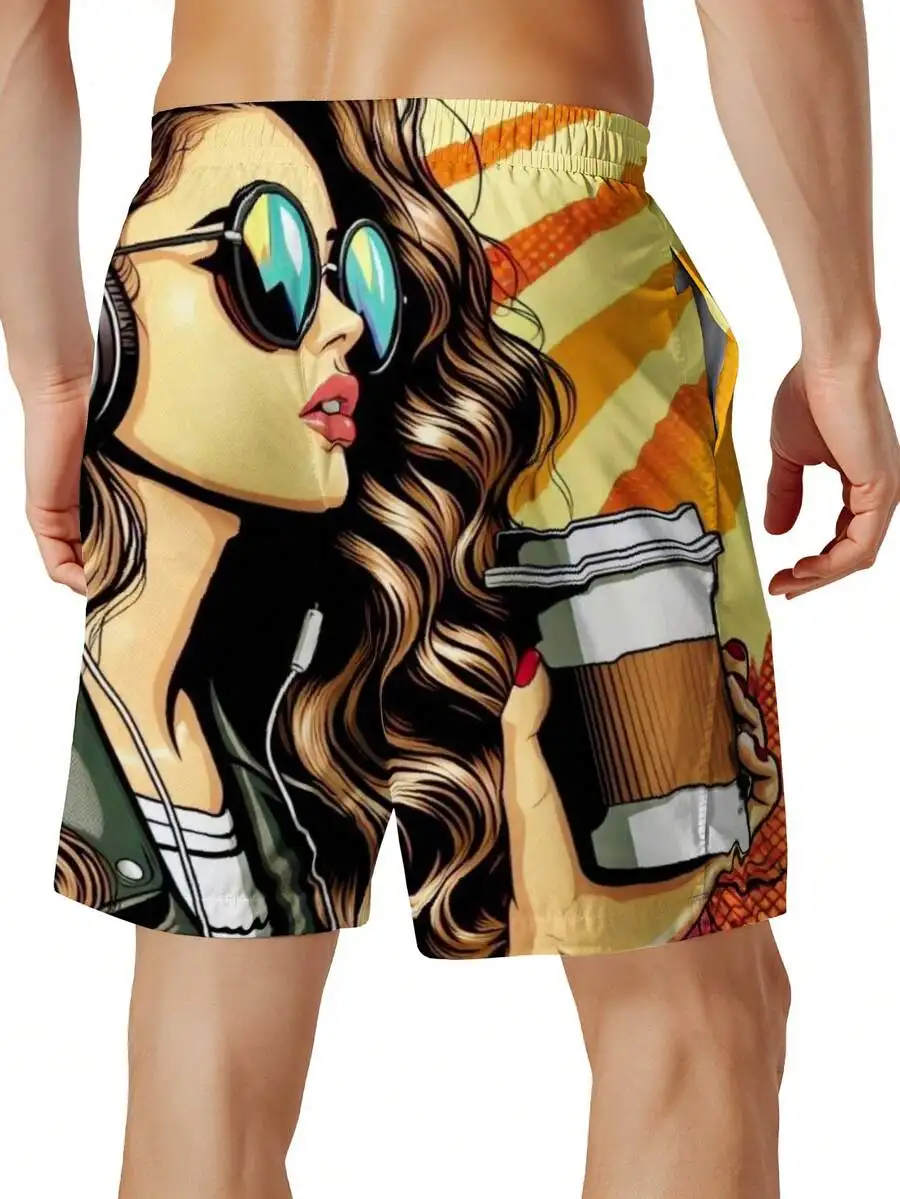 

Mens Beach Shorts With Graphic Print Woman Wearing Sunglasses And Headphones Summer Swim Trunks