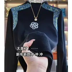 Camellia Hot Diamond Turtleneck Sweater for Women Fashionable New Slim Fit Thickened Knitted Bottoming Shirt Top