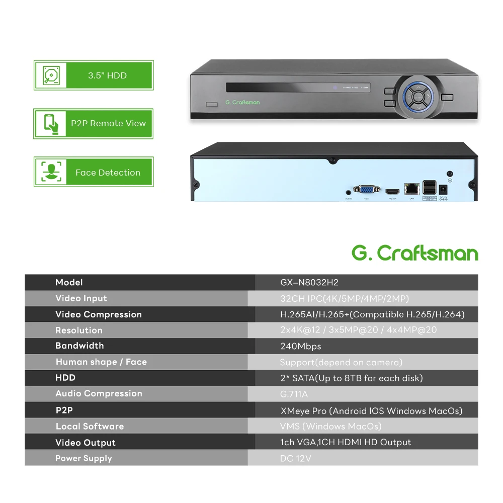 XMeye 32-kanałowy rejestrator NVR Obsługa 4K Sieciowy rejestrator wideo H.265+ 24/7 Nagrywanie Kamera IP P2P System Security Kit G.Craftsman