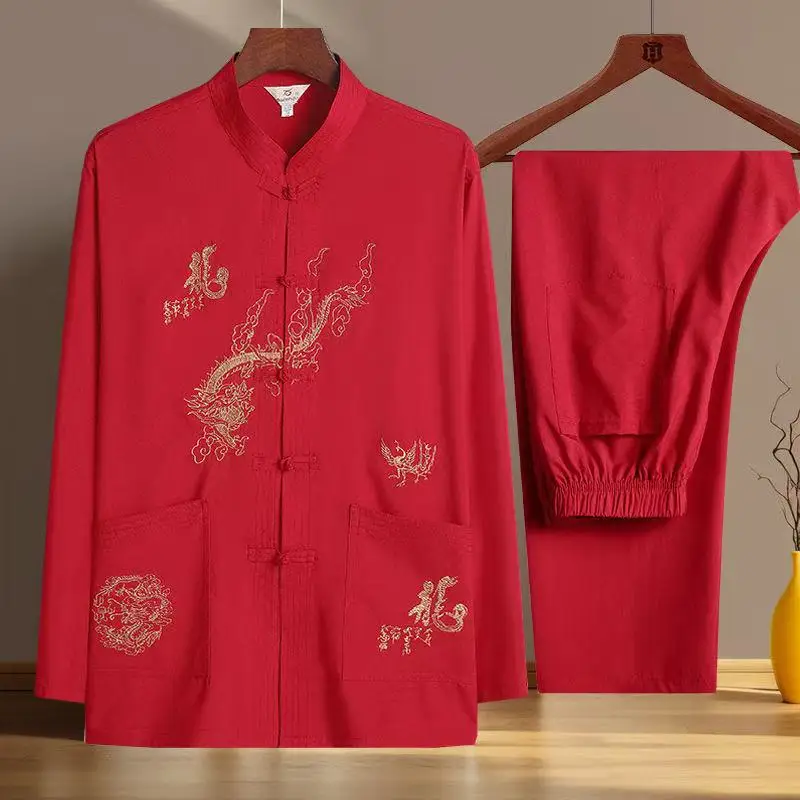 대형 아빠의 태극권 의류 남성 여성 드래곤 자수 쿵후 유니폼 중년 아버지 아침 운동 당나라 정장