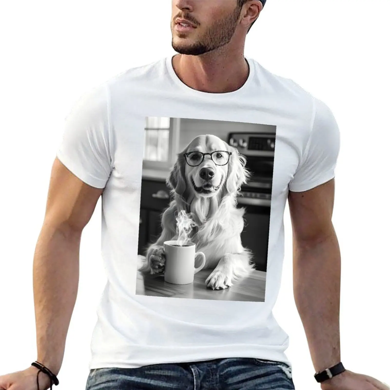 

Golden Retriever Dog Drinking Coffee & Wearing Glasses T-Shirt man t shirt designer t shirts for man cotton soft T-Shirt
