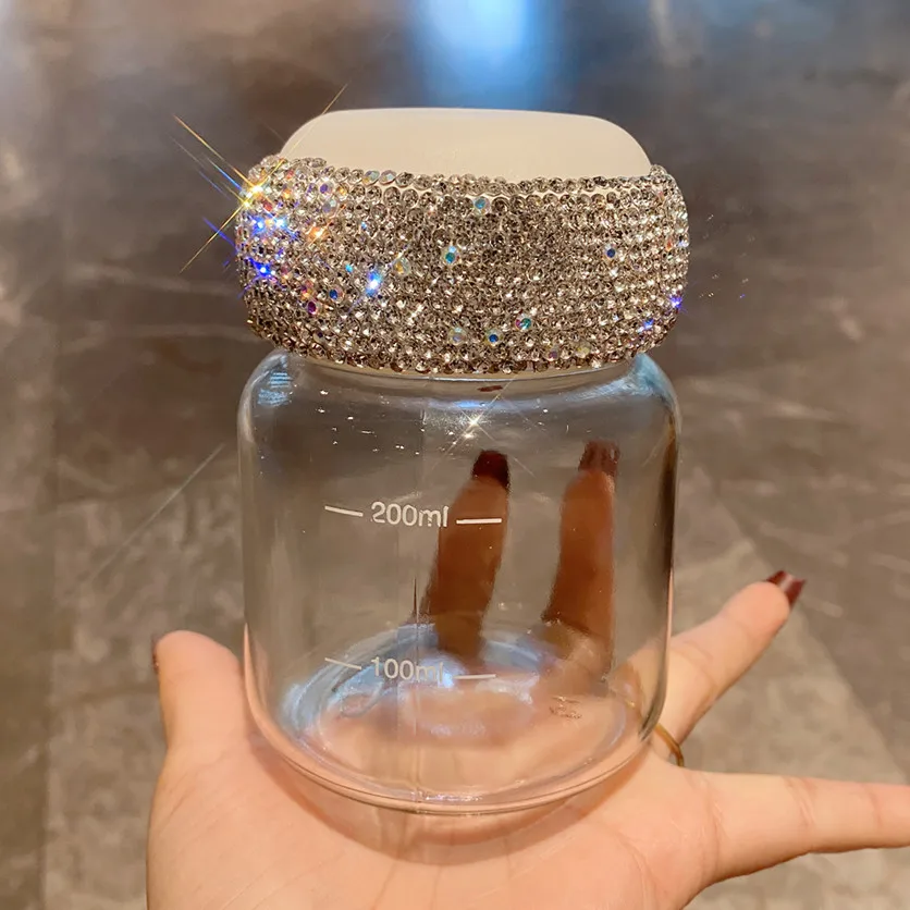 Portable Mini Glass for Going Out Diamond-studded Water Cup with Lid Rhinestones Simple Juice Milk Cup Drinkware for Women 200ML