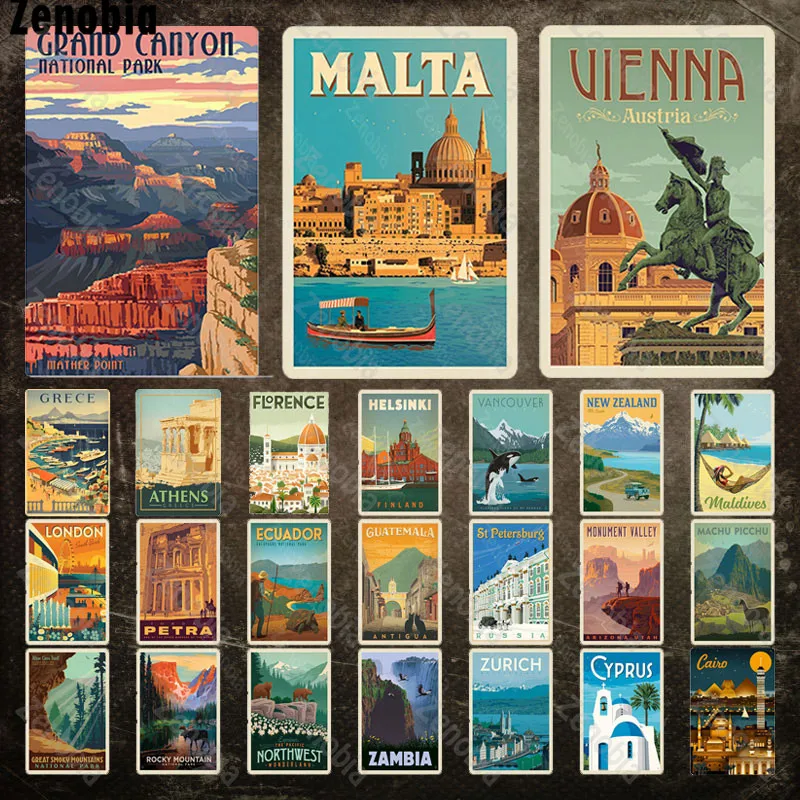 Country and City Tin Sign Matla Vienna London Landmark Building Scenery Vintage Metal Sign City Landscape Plaque Home Decoration