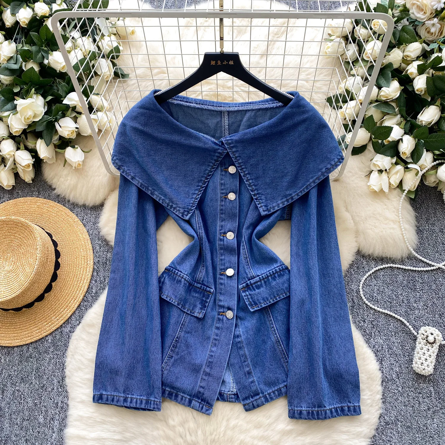 

Women Denim Coats Solid Jacket Button Pocket Peter Pan Collar Waist Cinched Single Breasted Loose Casual Office Lady 2025 Autumn
