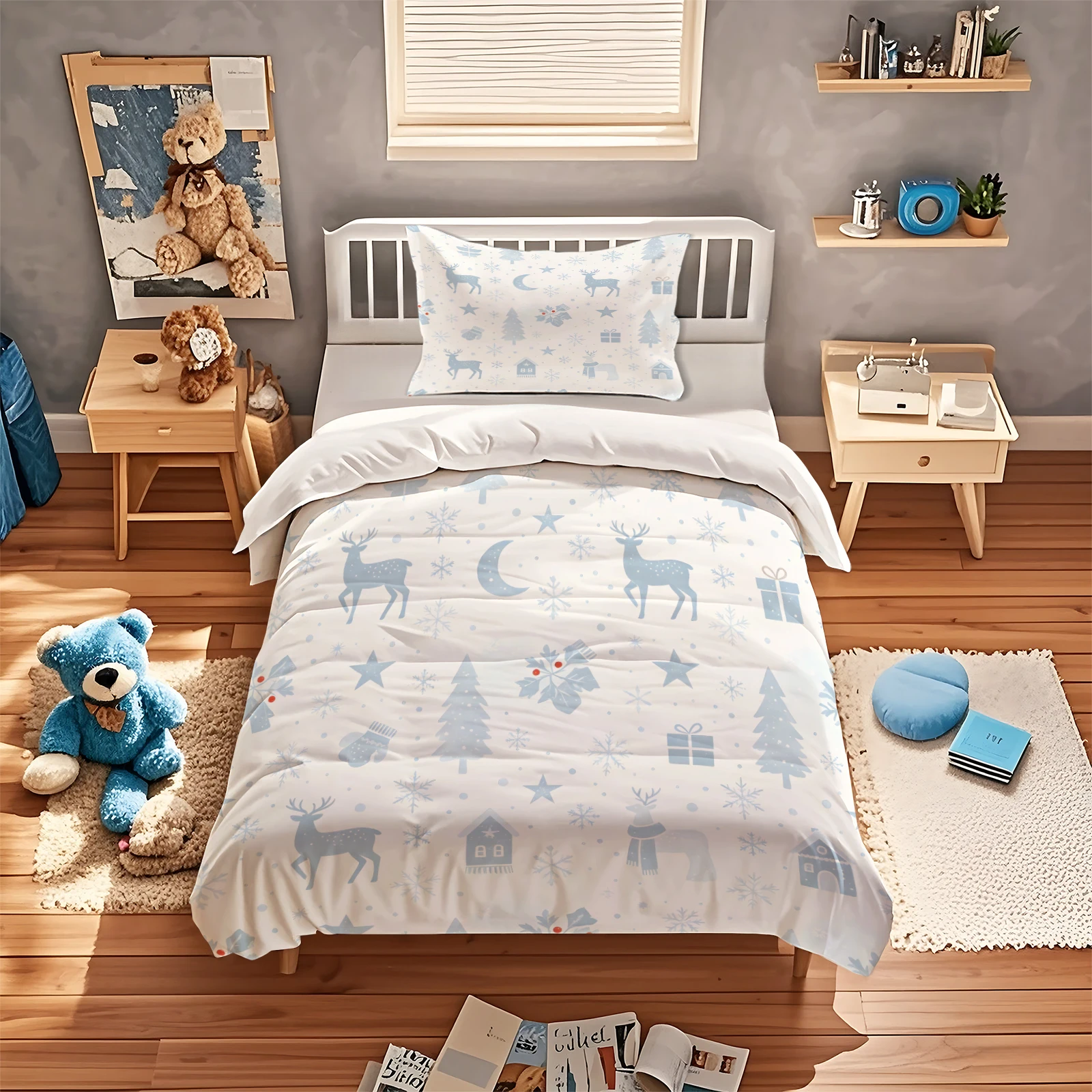 Christmas Winter Duvet Cover Set Light Blue Reindeer Snowflake Christmas Tree Gift Star Moon Pattern Bedding Set Quilt Cover